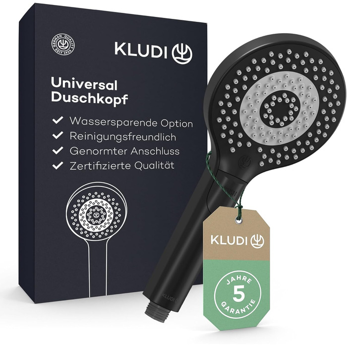 KLUDI-X3 Universal Shower Head with Hose, Shower Spray Optional - Water-Saving with 3 Spray Patterns (Body, Hair, Skin), Easy-to-Clean Shower Head Ø 11.7 cm, Shower Hose 1.60 m (3 Spray Patterns, Matte Black)