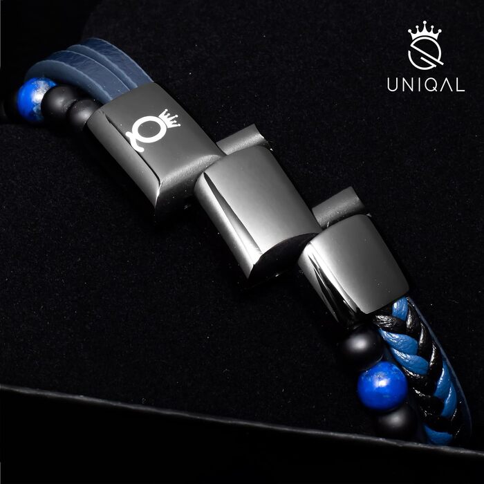 Браслет чоловічий шкіряний UNIQAL 'FANCY' з натуральним каменем Лазурит, сталь, 23 см, в подарунковій коробці