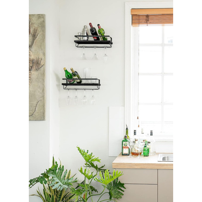 Wall-Mounted Wine Racks 2-Piece Set Wood Rustic Wine Bottle Glass Floating Shelves with Stemware Hangers Modern Wine Display Storage Holder for Kitchen Dining Room Bar, black