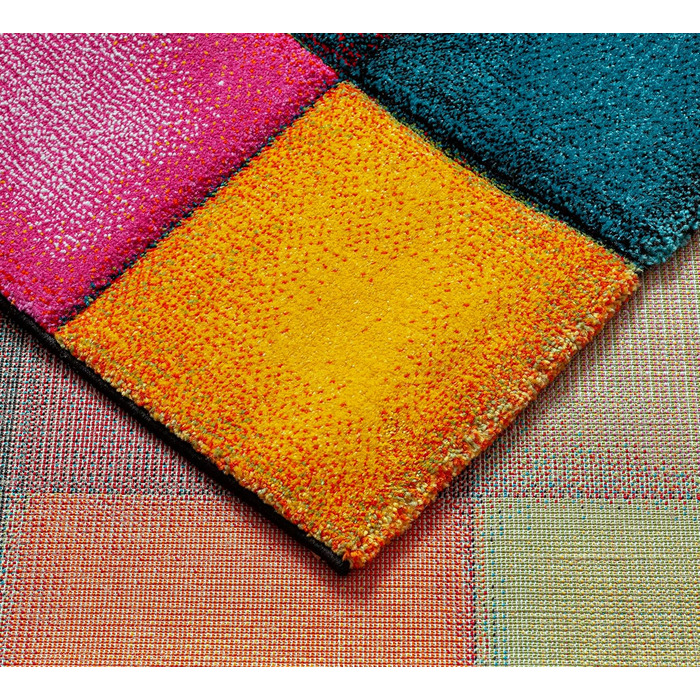 Monde Deluxe Living Room Carpet, Hand Carved, Short Pile, Colorful, Multicolored, Blue, Red, Brown, Green, Grey, Checkered, 80 x 150 cm, Multicolored