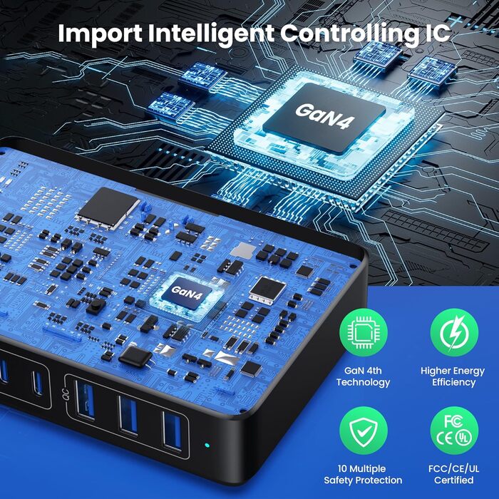 Зарядний пристрій USB C 300W, 8 портів, швидка зарядка 100W PD PPS для ноутбука, MacBook, iPad, iPhone 16/15/14, Samsung – Чорний