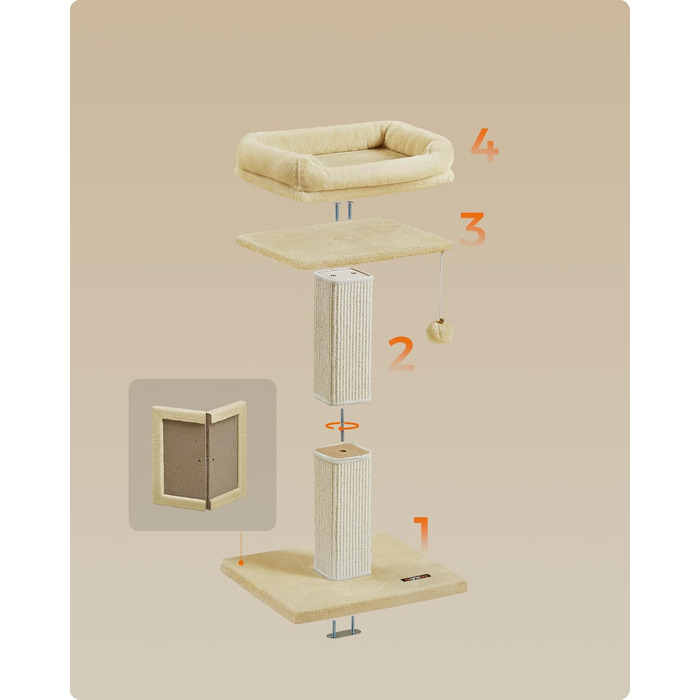 Feandrea Cat Tree, Cat Tower with 40 x 30 cm Plush Platform, Scratching Post, Cat Scratching Tree, 71 cm High, Sisal-Wrapped Scratching Post, 45 x 40 cm Base, with Plush Ball, PCA022W01 (Beige)