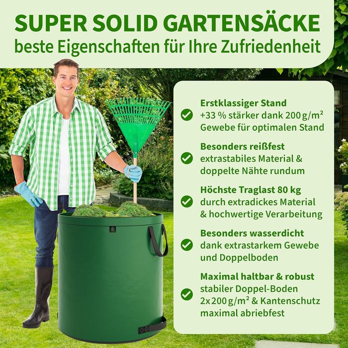 Набір садових мішків TTL Garden 3x272 л SUPER SOLID, зелений, з подвійним дном, надміцний, самостійно стоїть, 4 ручки, для трави, листя, гілок, садового сміття
