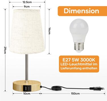 Нічна лампа Suright з торшером з льону, USB-портами A+C, регулюванням яскравості, дерев'яною основою, для спальні/вітальні (LED-лампочка в комплекті), Бежева