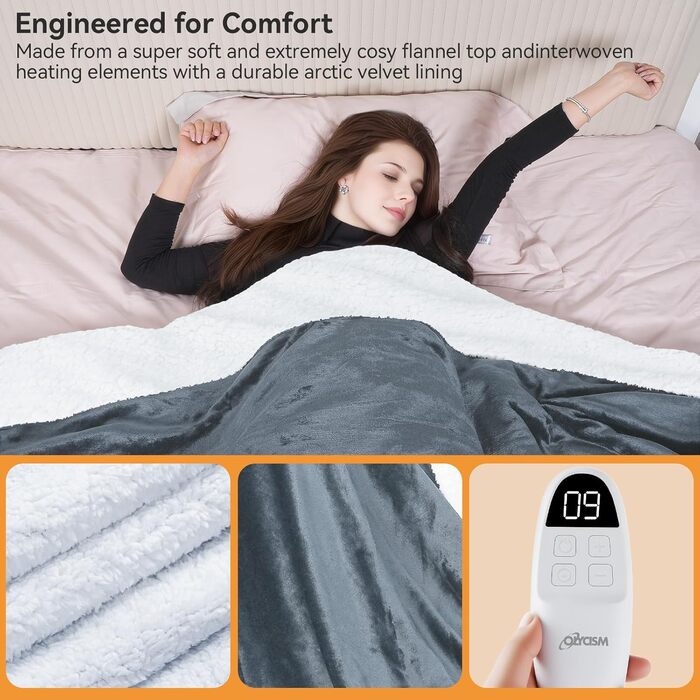 Електрична ковдра Olycism з автовимкненням, 160x130 см, 10 режимів нагріву, таймер, захист від перегріву, для дому та офісу, сіра