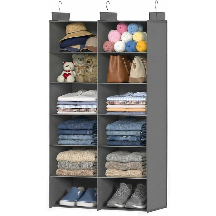 Організатор для шафи з 6 полицями, сірий - для одягу, з металевими гачками, компактний, для спальні, гуртожитку