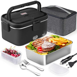 AUTOPkio Electric Lunch Box 1.8L 80W, 12V 24V 220V Large Heated Food Warmer with Bag, Stainless Steel Fork, Spoon for Car, Truck, Office (Black)