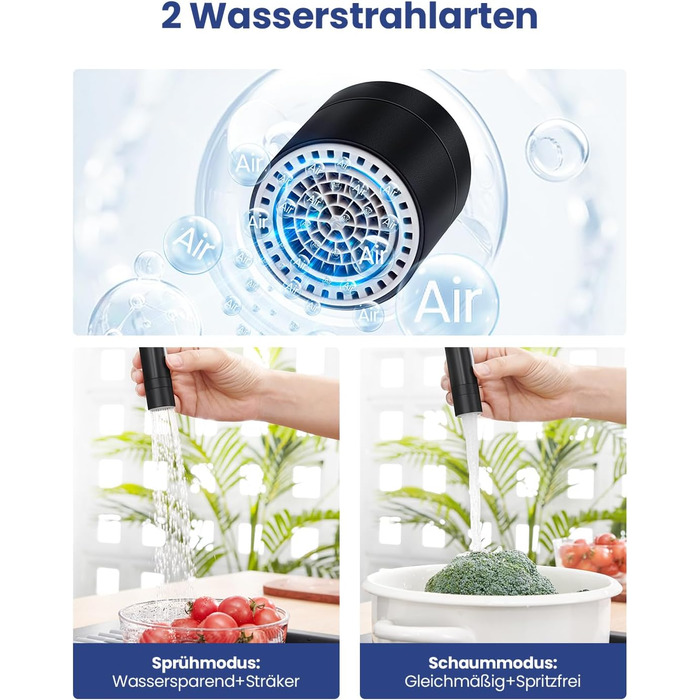 Змішувач для кухні гнучкий чорний, нержавіюча сталь, 2 режими струменя, 360° поворот, кухонний змішувач, преміум якість