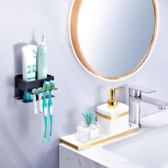 Тримач для зубних щіток настінний, для електричної зубної щітки, з підставкою для насадок, без свердління, чорний, компактний