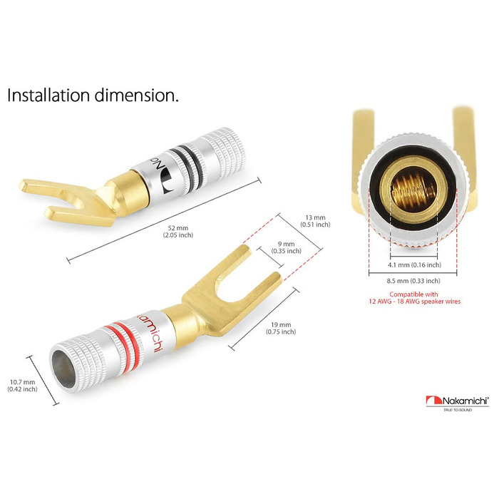 Позолочені бананові роз'єми Nakamichi 24K для акустичних кабелів 12-18 AWG, 4 мм для підсилювачів, Hi-Fi ресиверів та домашніх кінотеатрів, 4 шт (2 пари)