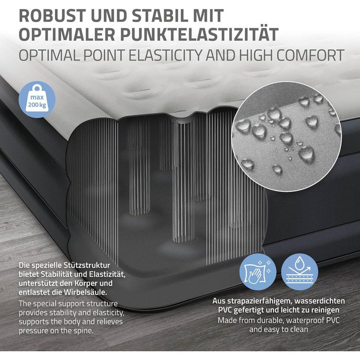 Надувна матрац 2 персони ML-Design 203x157x47 см сірий, сертифікат TÜV, самонадувний з електричною помпою 230V, для кемпінгу, гостьовий двоспальний матрац + сумка для перенесення сірий