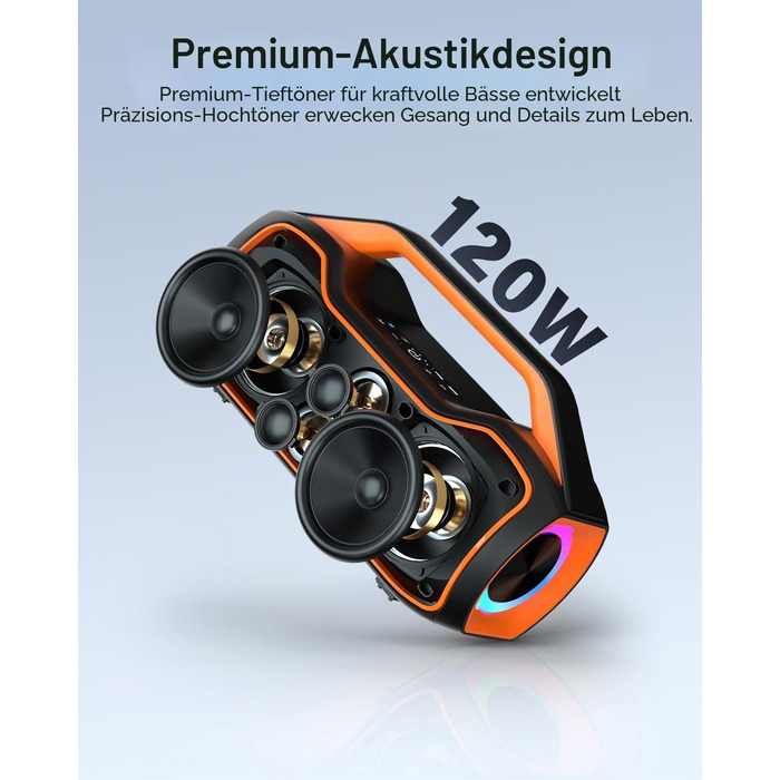 Bluetooth колонка портативна 120W помаранчева з басами, водонепроникна IP65, підтримка DSP/TWS/AUX/TF/BT5.4 для вечірок та пляжу