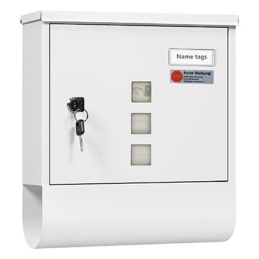 Поштовий ящик WOLTU з газетницею, оглядовим вікном та табличкою для імені, настінний, замикається (2 ключі), білий (30,5x33,5x9 см)