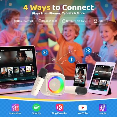 Караоке машина з 2 мікрофонами Bluetooth для дітей та дорослих, портативна колонка з диско-підсвіткою, ідеальний подарунок для вечірок (Бежевий)