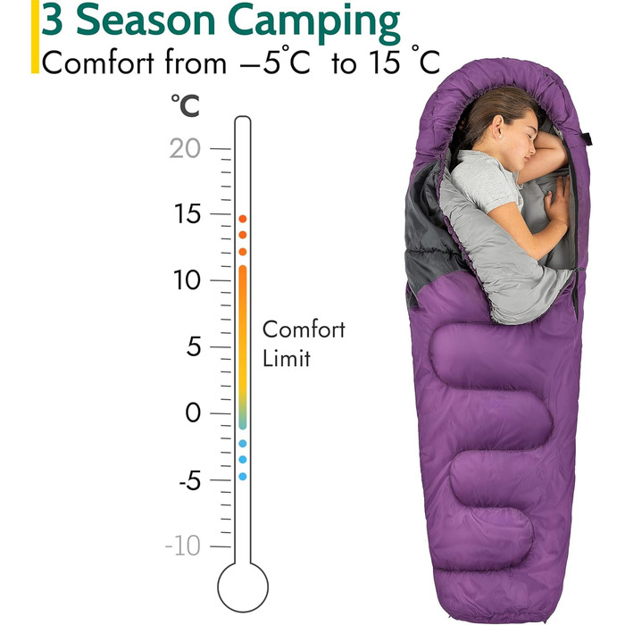 Дитячий спальний мішок Trail Mumienschlafsack для кемпінгу 3 сезони – 300gsm – для хлопчиків та дівчаток – фіолетовий