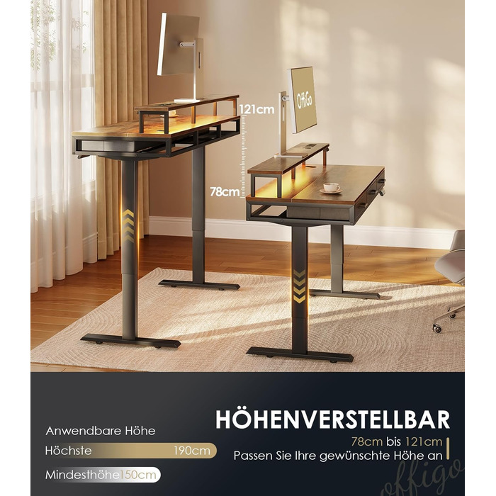OffiGo Electric Standing Desk with Drawers, 120cm Adjustable Height Desk with Monitor Stand, Gaming Desk with Power Outlets & LED Light Bar, Brown Office Desk - 120 x 54cm