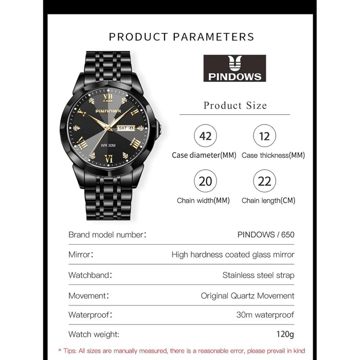 Годинник чоловічий PINDOWS Luxus Quarz аналоговий з датою та великим циферблатом, водостійкий, модний, бізнес-стиль. Елегантний двоколірний годинник з нержавіючої сталі з підсвічуванням календаря De650n1: Чорний