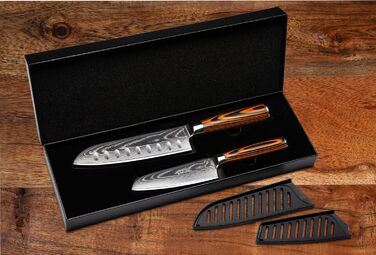 Набір ножів кухонних Wolfblood Santoku Дамаск (30 см та 24 см) - 67 шарів, сталь 62 HRC, дерев'яна ручка, подарункова коробка