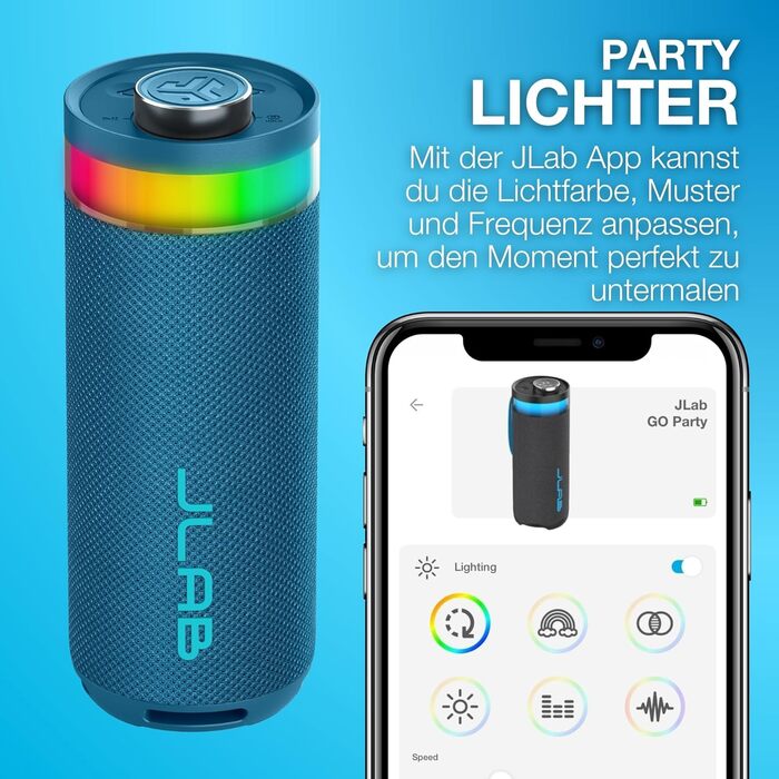 JLab Go Party: Портативна Bluetooth колонка з RGB підсвіткою, 16+ годин роботи, IP56 (Синій)