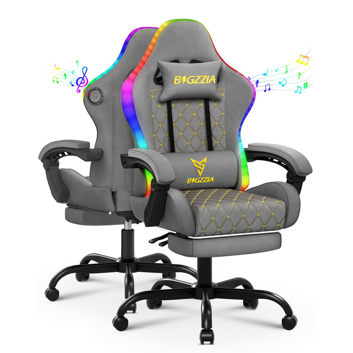 Ігрове крісло Racingreat RGB LED з підсвіткою, підніжкою та Bluetooth, сіро-чорне