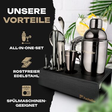FuchsBar Cocktail Set, 8-Piece, Stainless Steel, with Shaker, Strainer, Spoon, Recipe Cards & Accessories – Perfect Bar Set for Home, Parties & as a Gift