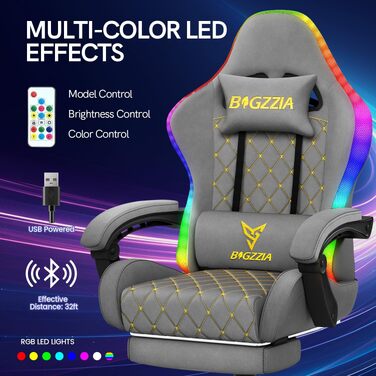 Ігрове крісло Bigzzia з LED-підсвіткою, ергономічний геймерський стілець з екошкіри (PU), сірий
