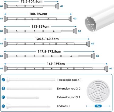 Телескопічна штанга для карнизів та душової кабіни без свердління, 79-195 см (біла)