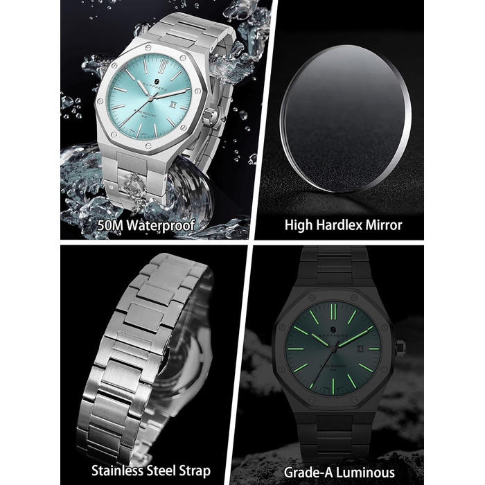 Годинник чоловічий SAPPHERO з нержавіючої сталі, водонепроникний (30M), кварцовий, з японським механізмом, з датою, синій циферблат, для бізнес-стилю