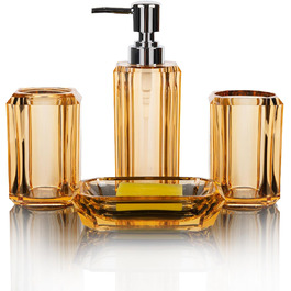 Набір аксесуарів для ванної кімнати з акрилу преміум-якості (4 шт.): дозатор для миючого засобу, диспенсер для лосьйону, мильниця, стакан для ополіскувача, стакан для зубної пасти (чорний/золотий)