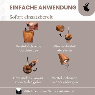 Дерев'яна мельниця для солі та перцю LORELEY® Mittelrhein Germany з керамічним механізмом – з підставкою та пензлем – у подарунковій коробці. Ідеальний подарунок на весілля або новосілля (Deluxe з нержавіючої сталі)