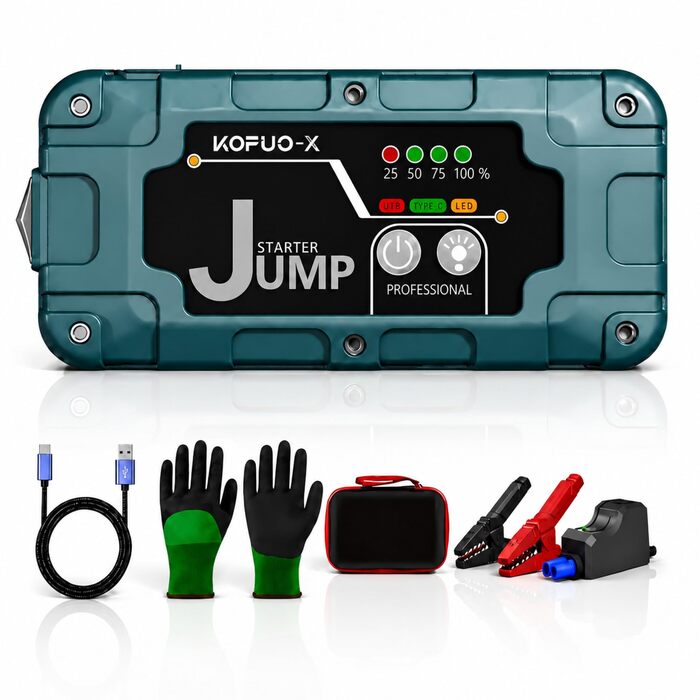 Бустер для автомобіля 7000А Jump Starter Powerbank 12V для бензинових (8л) та дизельних (6.5л) двигунів, пусковий пристрій з LED-ліхтарем та набором аксесуарів, зелений