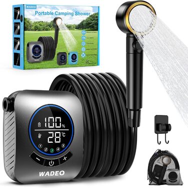 WADEO Portable Camping Shower with Battery and Pump, Camping Shower with Rechargeable 6000/8000mAh Battery, Mobile Showers Outdoor Showers with Showerhead and Hose, for Camping, Travel, Garden, Car Washing (Silver, 8000mAh battery)