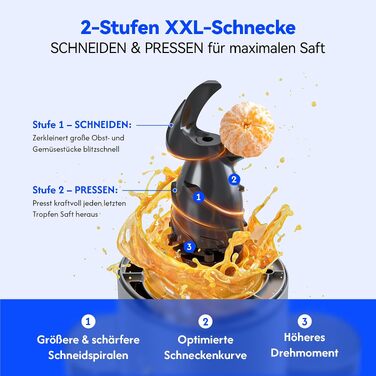 Шнекова соковижималка B Megajuicy 150mm XL для овочів та фруктів, холодний віджим, 300Вт, з функцією реверсу та двома контейнерами (550мл, 450мл), без BPA