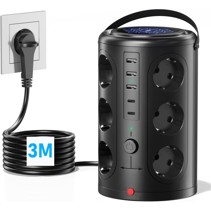 Багаторозеткова мережева стрічка з 5 USB, 12 розеток, захистом від перенапруги, 3м кабель, чорний колір