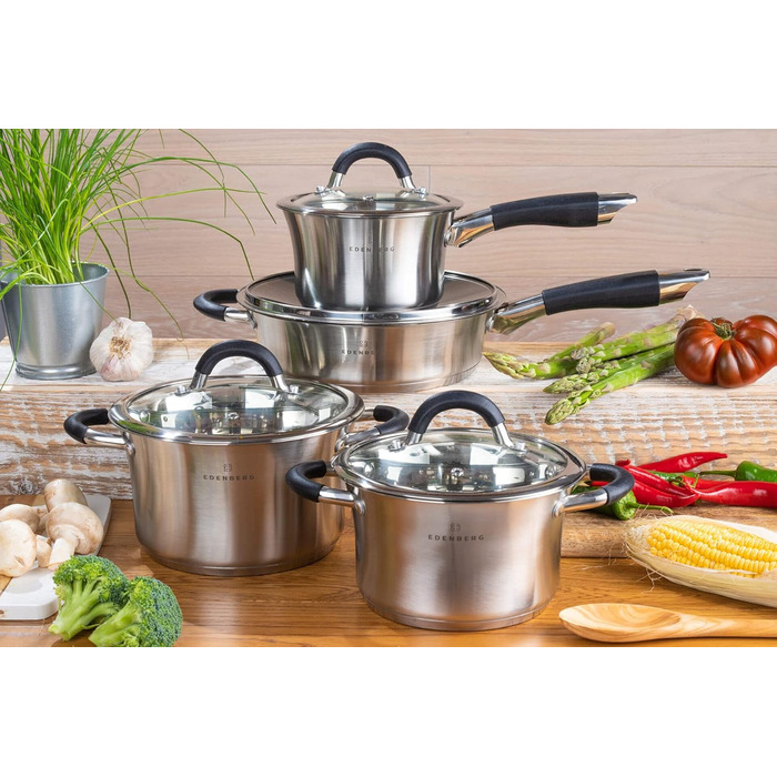 Набір каструль Edenberg з антипригарною сковородою: нержавіюча сталь, підходить для всіх плит, включаючи індукцію, чорний