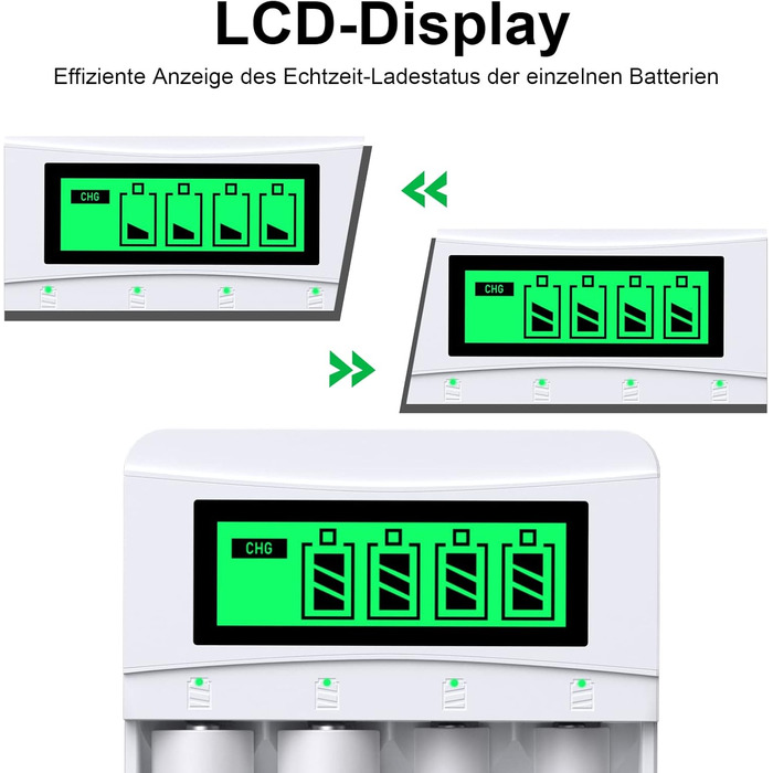 Зарядний пристрій для акумуляторів AAA з LCD-дисплеєм, 8 шт. акумуляторів 1100mAh, NiMH 1.2V, 4 слоти для заряджання