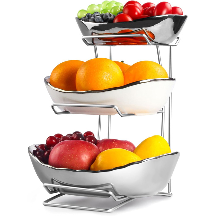 Керамічна фруктова ваза на стільницю, 3-ярусна, з металевим каркасом, для фруктів, овочів та десертів (срібна)