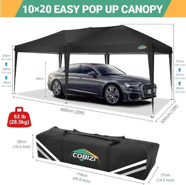 COBIZI Pop-up Pavilion 3x3, Folding Pavilion 3x3 Waterproof, Stable, Winter-proof |8X Pegs|4X Wind Rope|UV Protection 50+|High-Density Tarpaulin| Pavilion Foldable 3x3m Party Tent Folding Pavilion 3x3 Garden Pavilion (Black, 3x6m with 6 Side Panels)