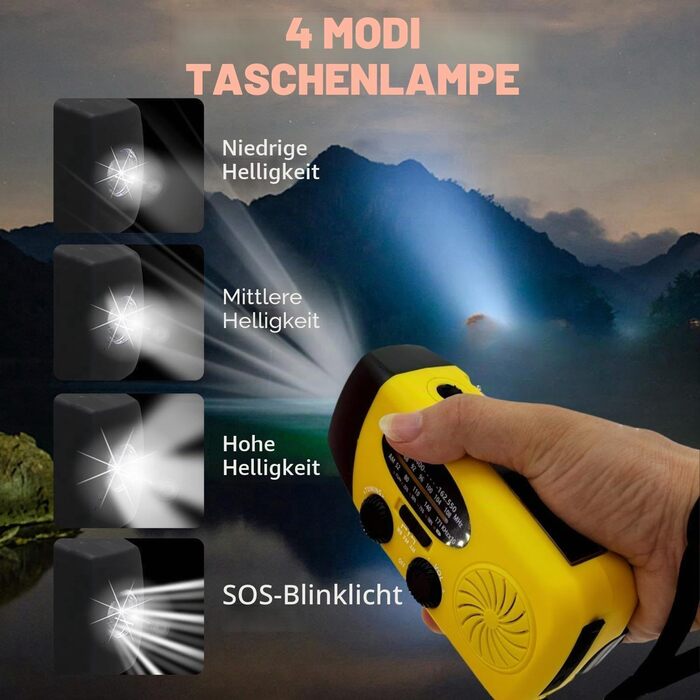 Сонячна радіостанція iRonsnow для екстрених ситуацій з ручним заводом, LED-ліхтариком, USB-зарядкою (2000mAh, жовтий)