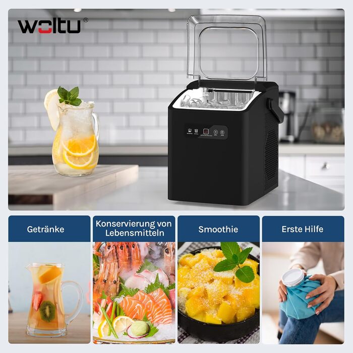 WOLTU 1.3L Ice Cube Maker Machine - Portable Ice Maker with Handle, Self-Cleaning, 2 Sizes, for Home, Camping, Office - Black