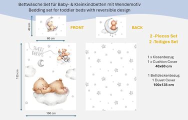 Комплект постільної білизни для дитячого ліжечка: комплект постільної білизни для малюків, постільна білизна для дитячого ліжечка 100x135 см + наволочка 40x60 см з бавовни, сертифікат Öko-Tex Standard, для хлопчиків та дівчаток (ведмедик Тіша)