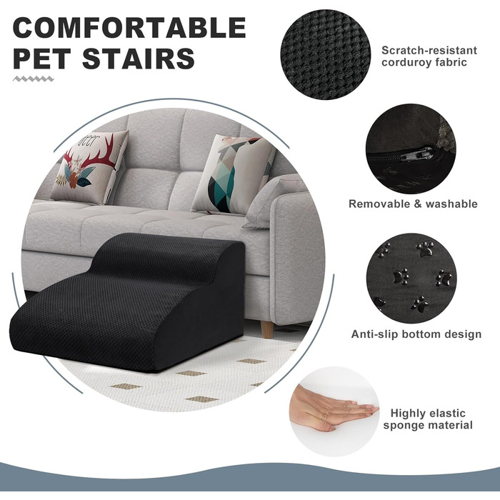 Сходинки для собак маленьких порід, 2 сходинки для ліжка та дивана, знімний чохол, чорний колір