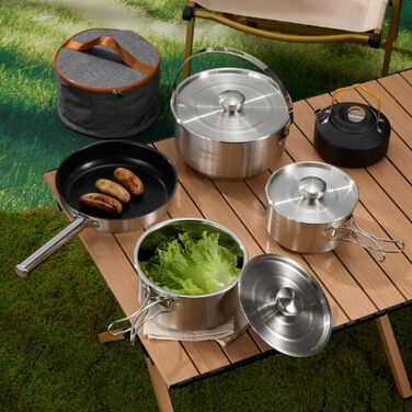 Набір кухонного посуду для кемпінгу з нержавіючої сталі 304, 10 предметів: каструлі, сковорідки, чайник, сітчаста сумка для подорожей, кемпінгу, трекінгу, пікніків, похідного спорядження