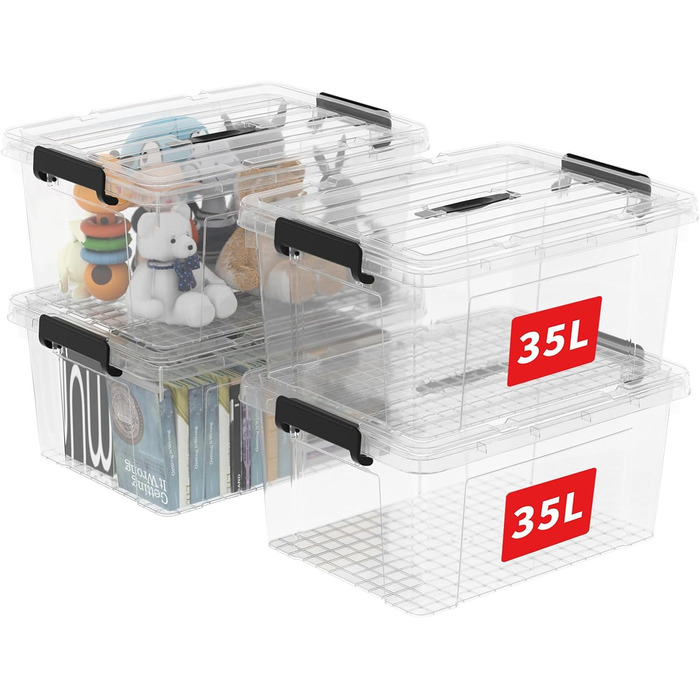 Cetomo Storage Boxes, Portable Plastic Boxes with Lids, Organizer Containers with Handle and Clips, Stackable, Nesting, for Home and Office, Transparent, 90L-3 Pack (35L*4)