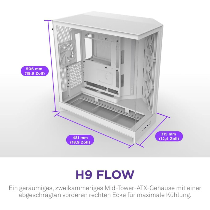 NZXT H9 Flow (2025) – великий корпус для ПК Mid-Tower з двома камерами, підтримка 420мм радіатора, 3 x 140мм та 1 x 120мм вентилятори, загартоване скло, готовність до Back-Connect