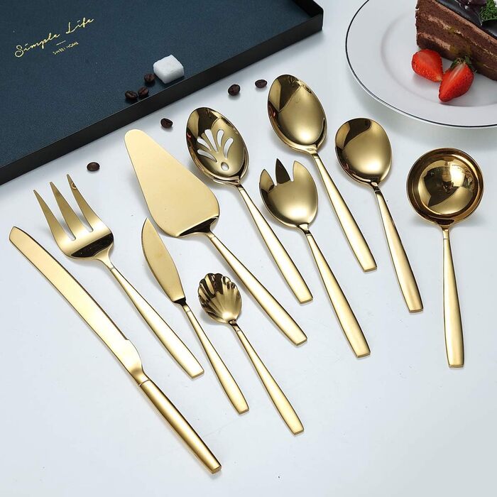 Berglander Gold Cutlery Serving Set, 10 Pieces, Stainless Steel Cutlery Serving Set with Gold Titanium Coating, Serving Spoon, Silver Serving Utensil, Rust Protection (10 Pieces)