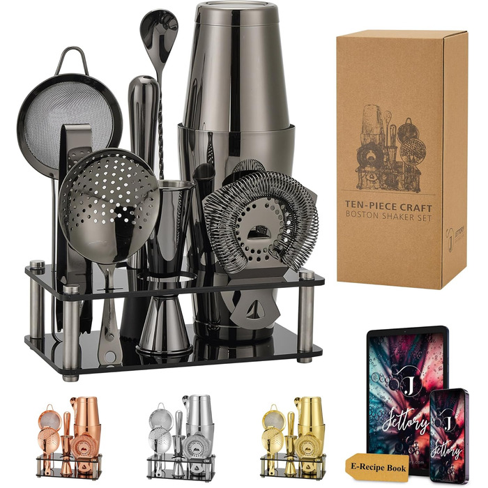 Boston Shaker Set – 10-Piece Stainless Steel Cocktail Shaker Set with Acrylic Base, Hawthorne Strainer, Ice Tongs, Bar Spoon, Jigger, Muddler – Perfect for the Home Bar (Black)