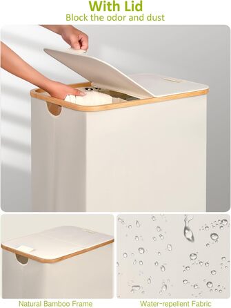 Кошик для білизни efluky з кришкою і 2 відділеннями, на колесах, 160 л, великий розділений контейнер для брудної білизни, з 2 знімними мішками, бежевий