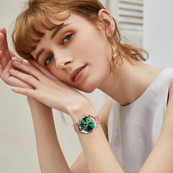 Годинник жіночий OLEVS Roségold з серцем-діамантом, чорно-біле циферблат, кварц, водонепроникний, комплект з браслетом, годинники для жінок (5189: Зелений)