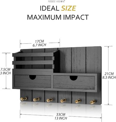 Органайзер для ключів та пошти Rebee Vision Farmhouse настінний з 2 ящиками, 6 гачками, чорний, для декору дому